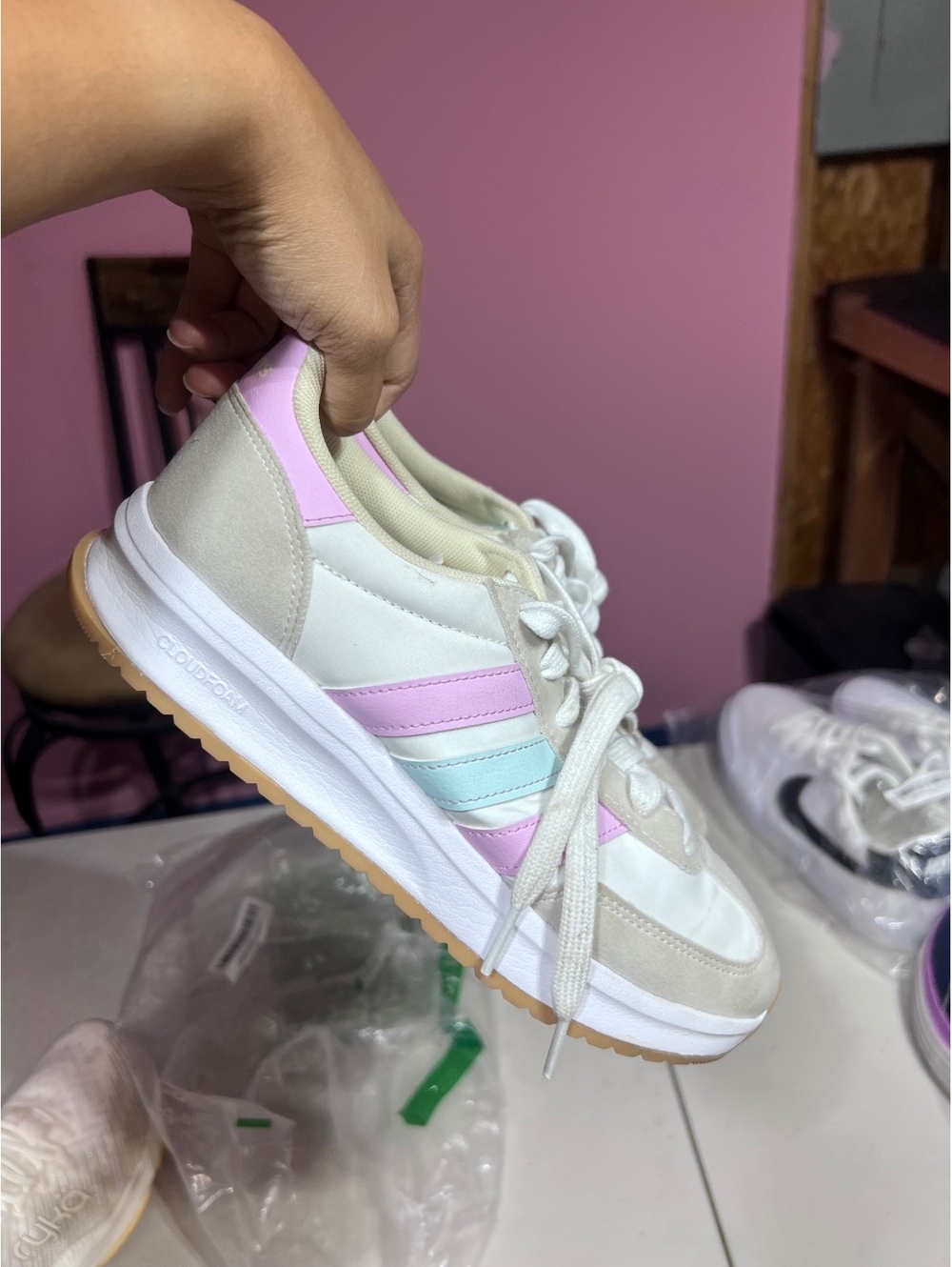 Adidas Retro Style White Sneakers with Pink and Light Blue Stripes